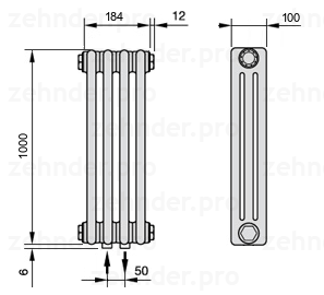 Схема (чертеж) Радиатор Zehnder Charleston 3100/4 №3470 Белый глянцевый RAL 9016